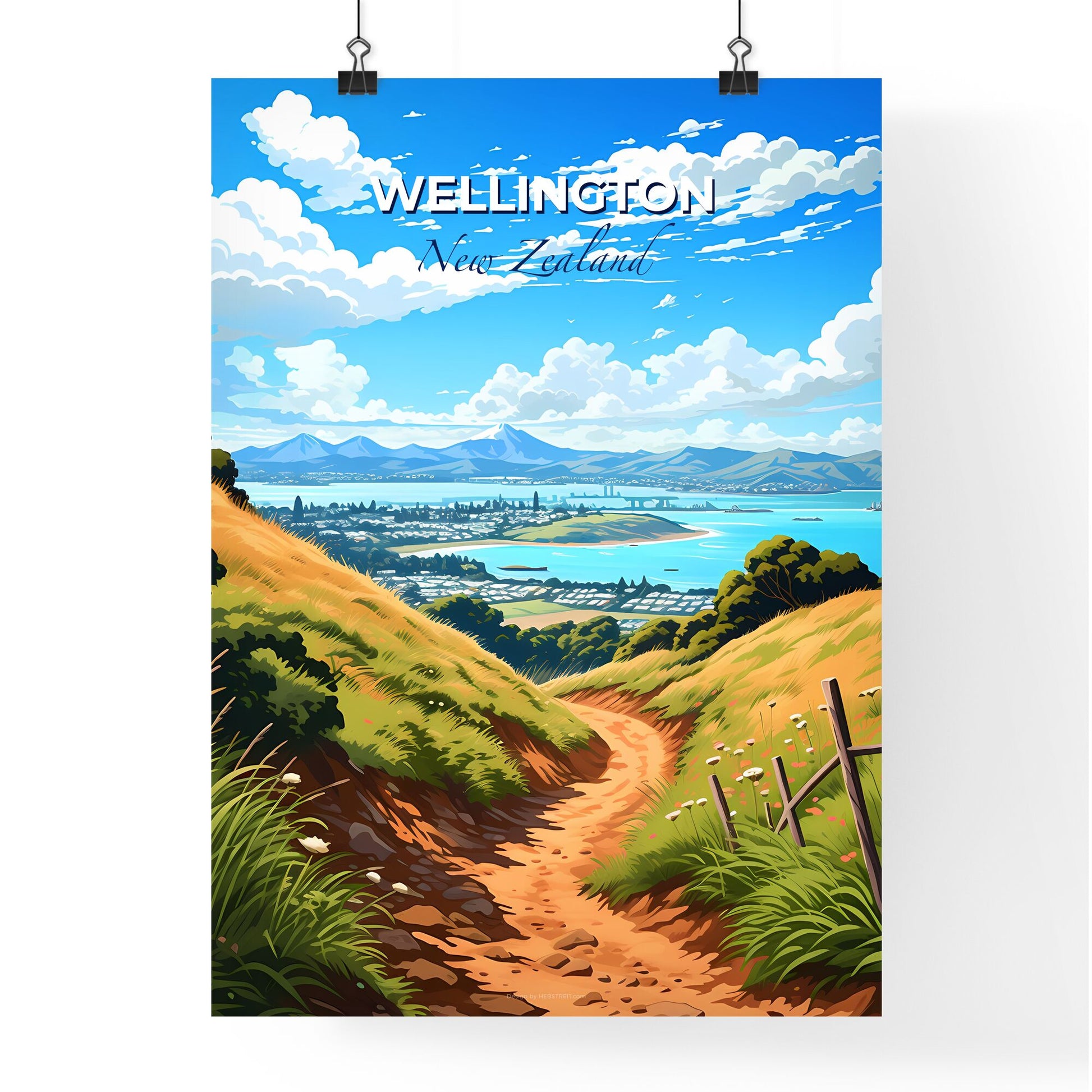 Vibrant Painting of Wellington Skyline: Hilltop Path, City Panorama, and Turquoise Waters Default Title