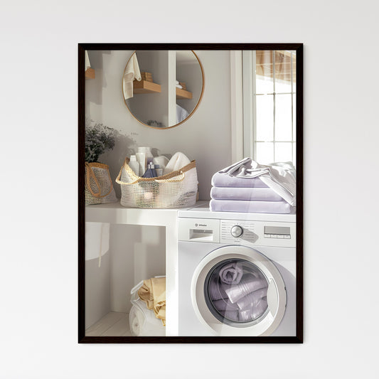 White and purple laundry room decor with complementary colored items, natural wood elements, painting, open washing machine with towels Default Title