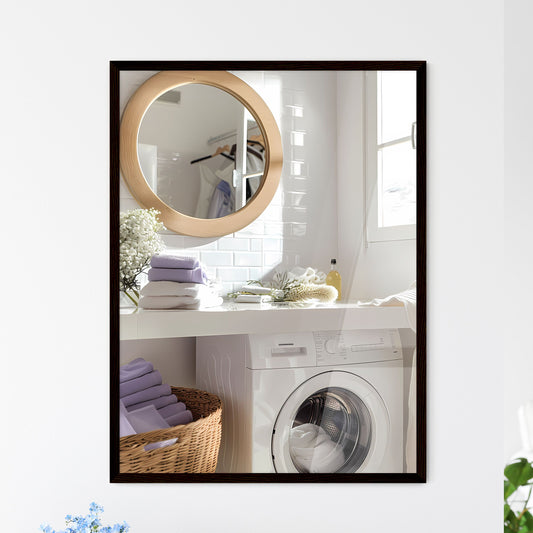 Light purple contemporary laundry room with vibrant artwork, open washing machine, colorful laundry essentials, wood accents, and large round mirror Default Title