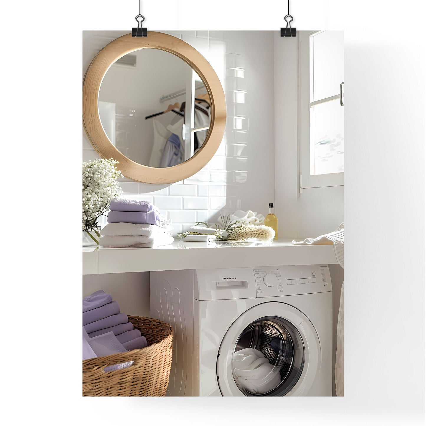 Light purple contemporary laundry room with vibrant artwork, open washing machine, colorful laundry essentials, wood accents, and large round mirror Default Title
