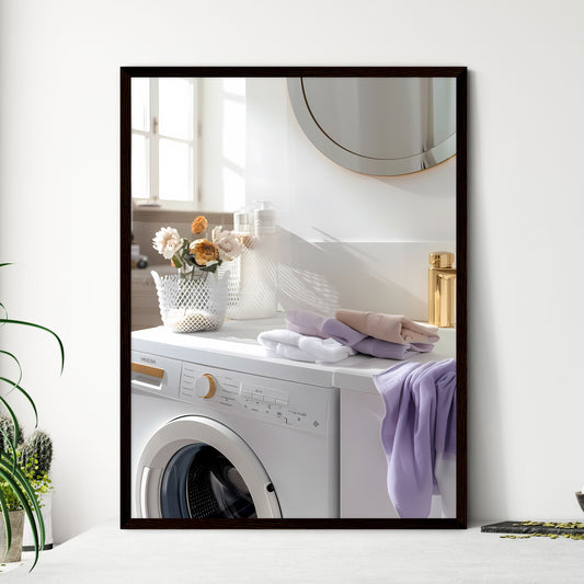 Vibrant Laundry Room Still Life with White Walls, Open Washing Machine, Stacked Colorful Items, Natural Wood Elements, Large Round Mirror, Laundry Basket, and Floral Painting Default Title