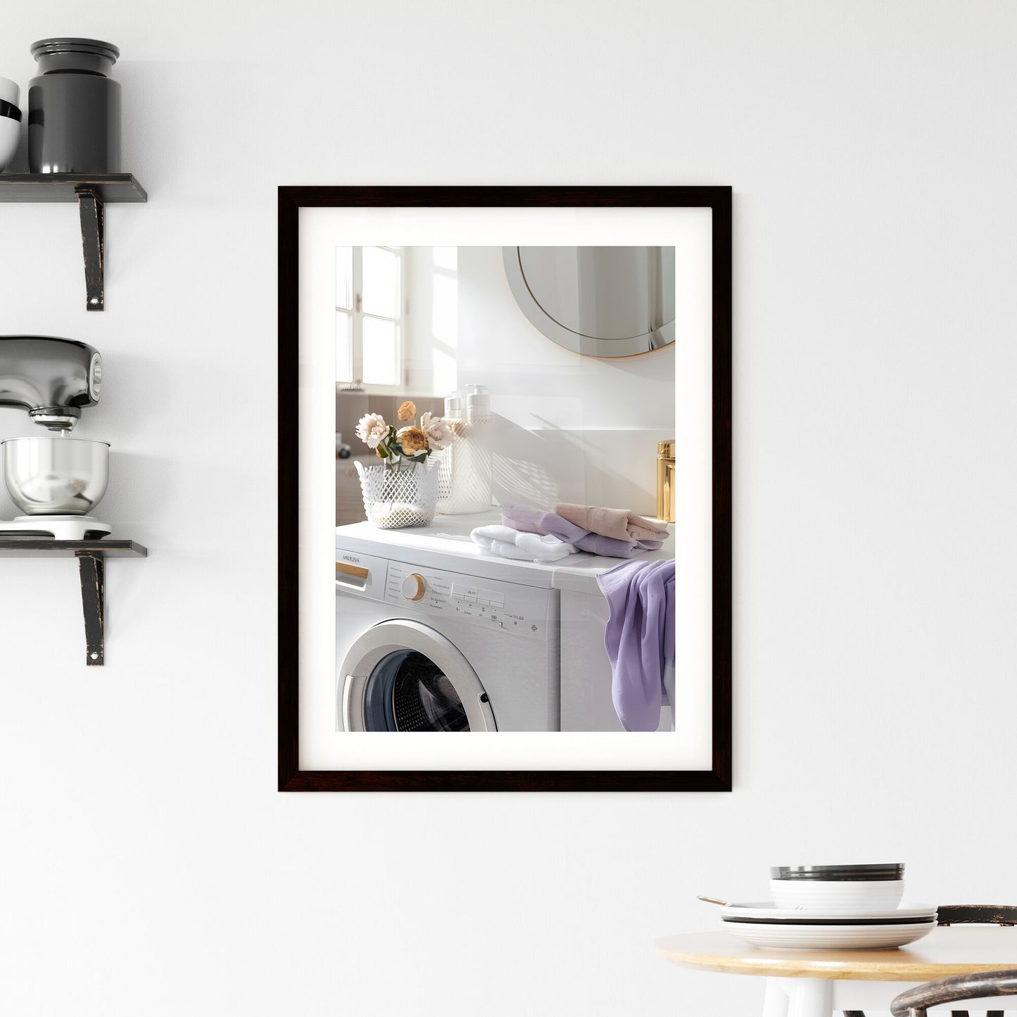 Vibrant Laundry Room Still Life with White Walls, Open Washing Machine, Stacked Colorful Items, Natural Wood Elements, Large Round Mirror, Laundry Basket, and Floral Painting Default Title