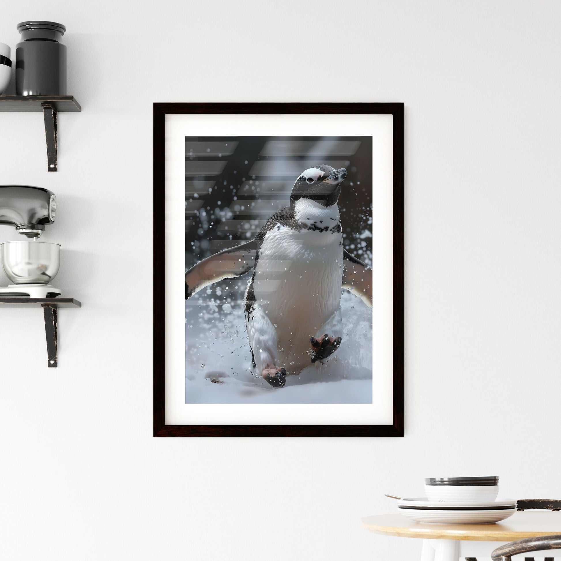 Wo penguins jump in a bathtub playing with each other, a storybook illustration, featured on cg society, art photography, whimsical, behance hd, storybook illustration black and white vintage - a penguin running in the snow Default Title