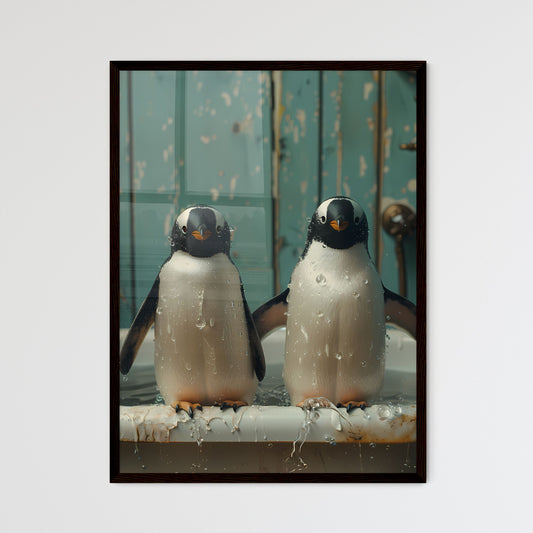 Wo penguins jump in a bathtub playing with each other, a storybook illustration, featured on cg society, art photography, whimsical, behance hd, storybook illustration black and white vintage - two penguins standing in a bathtub