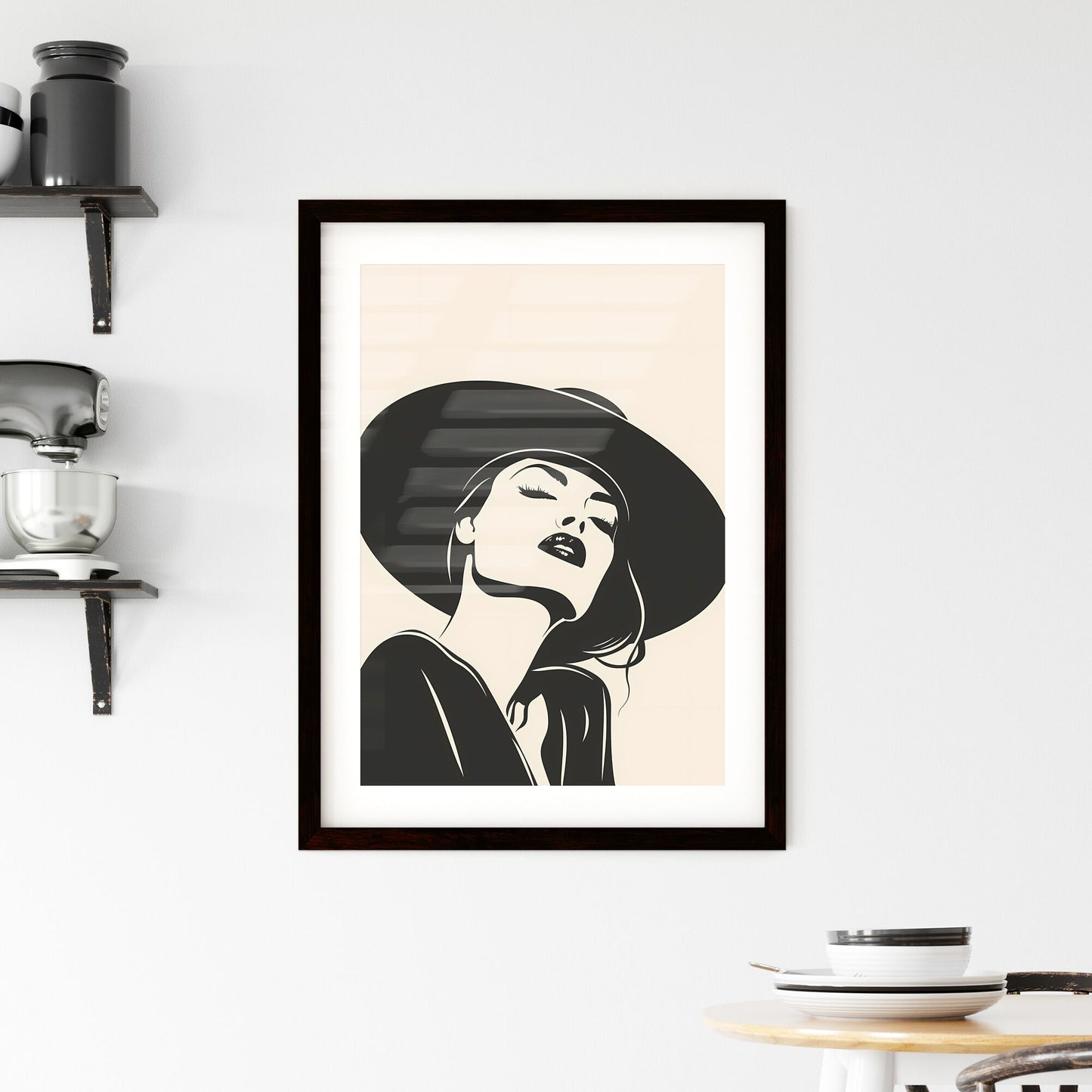 Minimalist Retro Fashion Art Poster: Black and White Illustration of a Hatted Woman Default Title