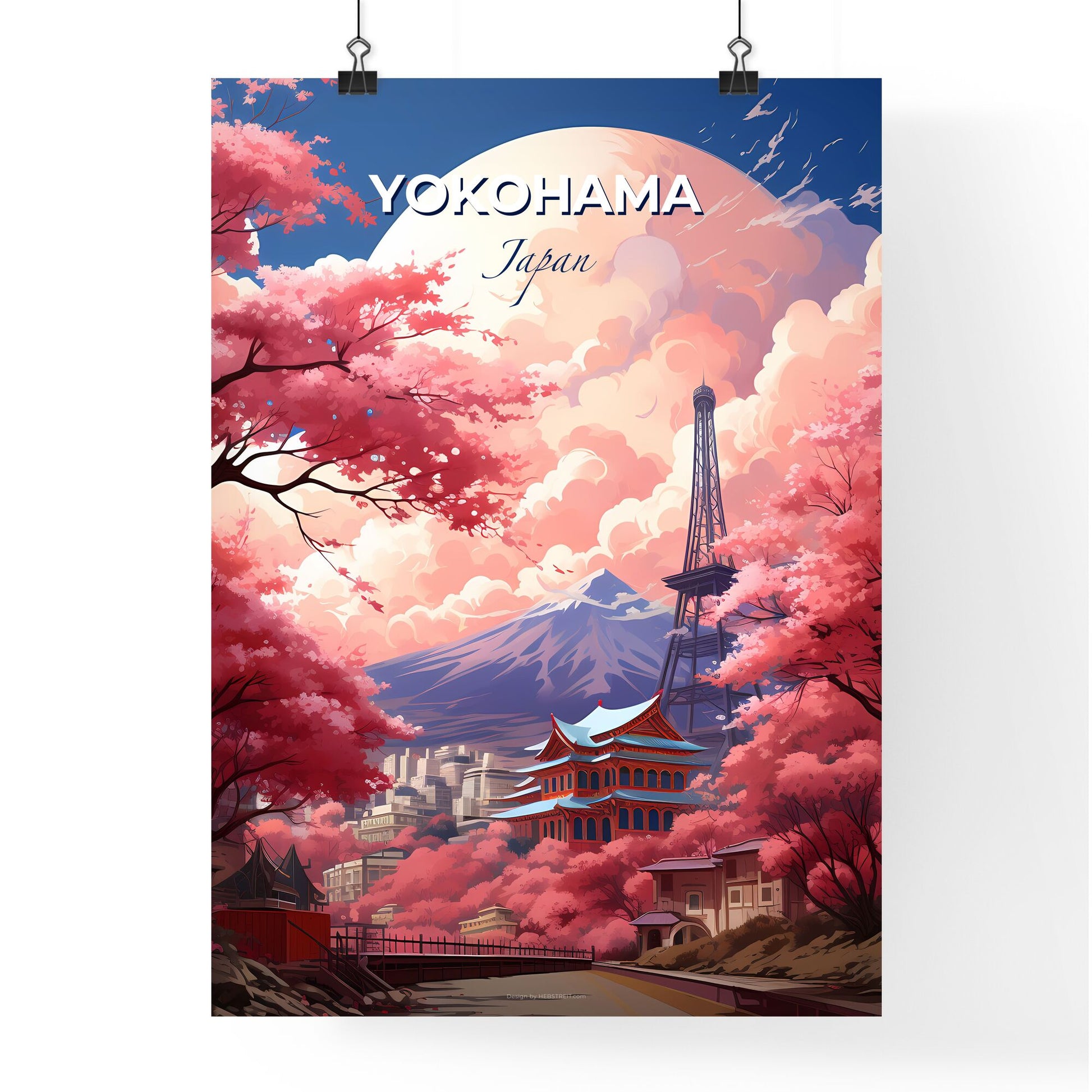 Yokohama Japan Skyline Cityscape Painting Tower Pink Trees Modern Art Artwork Travel Tourism Default Title