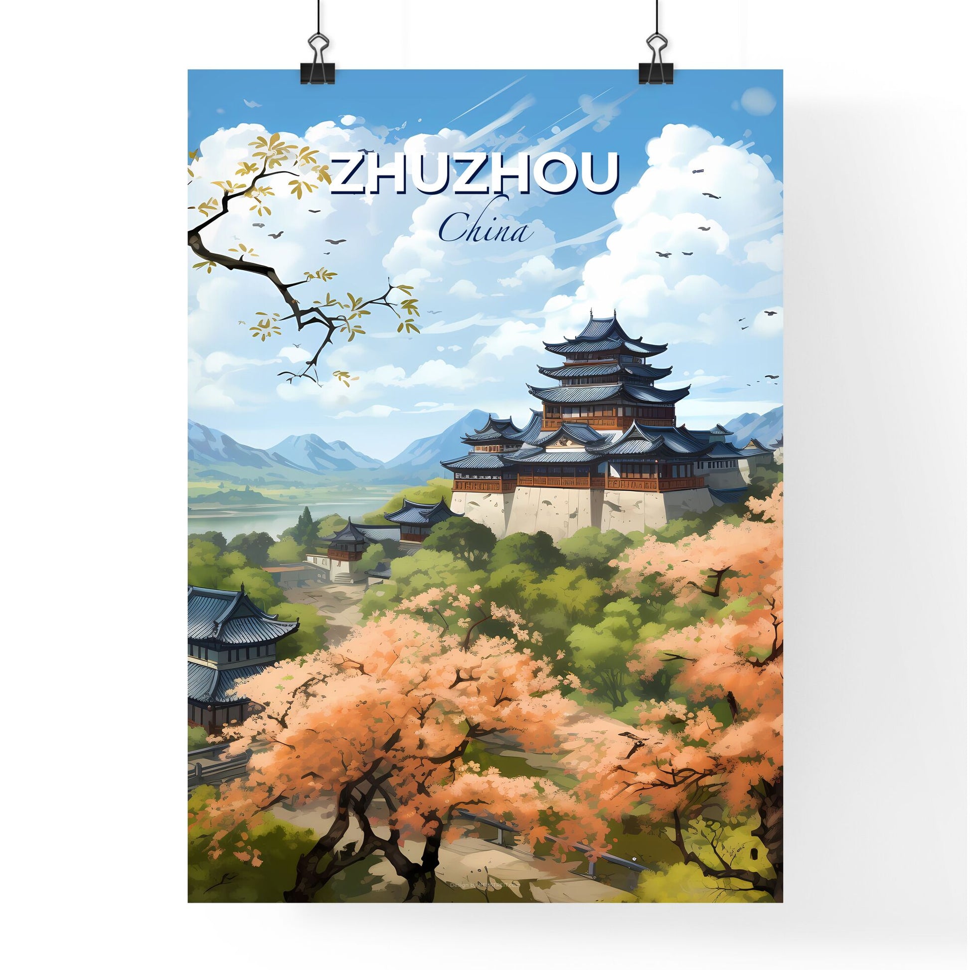 Zhuzhou China Skyline Painting - Vibrant Art with Pagoda and Greenery Default Title