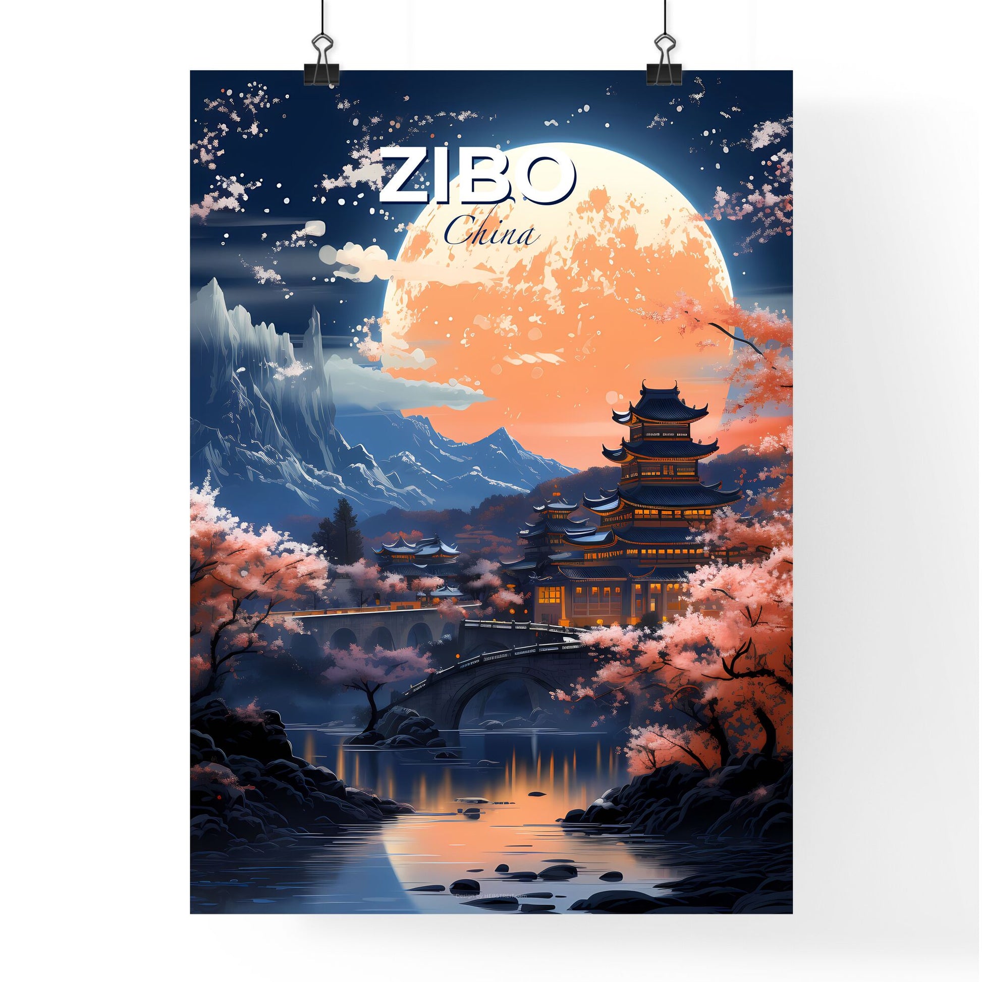 Zibo China Skyline Artistic Painting Cherry Blossoms River Bridge Vibrant Building Default Title