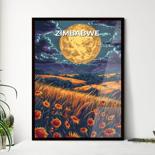 Vibrant African Flower Field Under a Majestic Celestial Moon: Zimbabwean Artistic Masterpiece