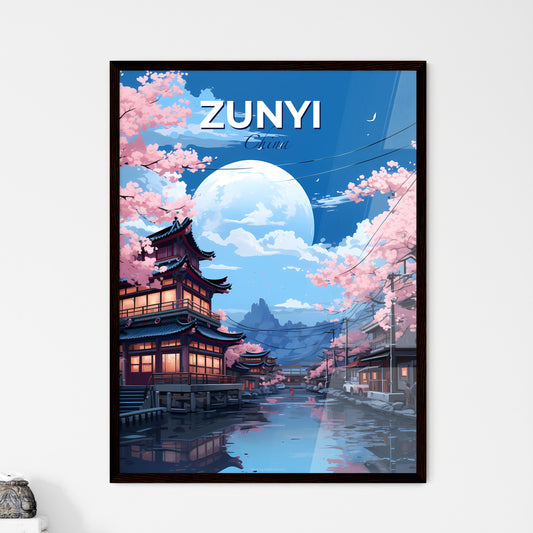 Zunyi China Skyline Panorama with River, Pink Flowers, Buildings and Full Moon Default Title