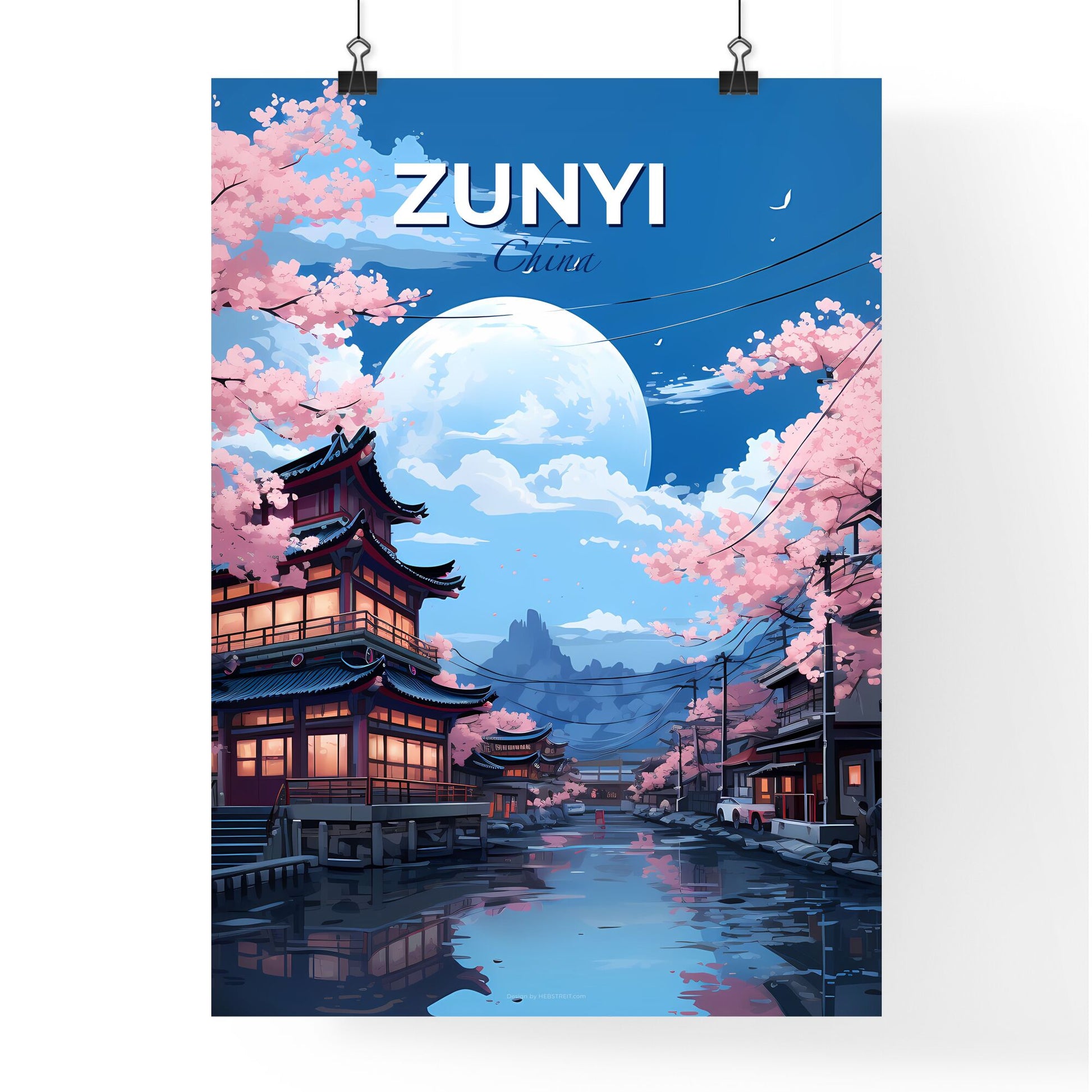 Zunyi China Skyline Panorama with River, Pink Flowers, Buildings and Full Moon Default Title