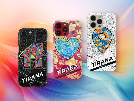Tirana Albania slim phone case with colorful icon. Birthday, wedding or housewarming gift. Couple match cases.