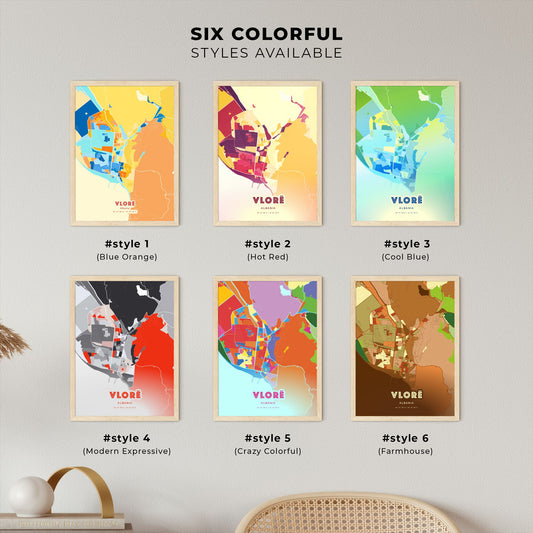 Colorful VLORË ALBANIA Fine Art Map Blue Orange