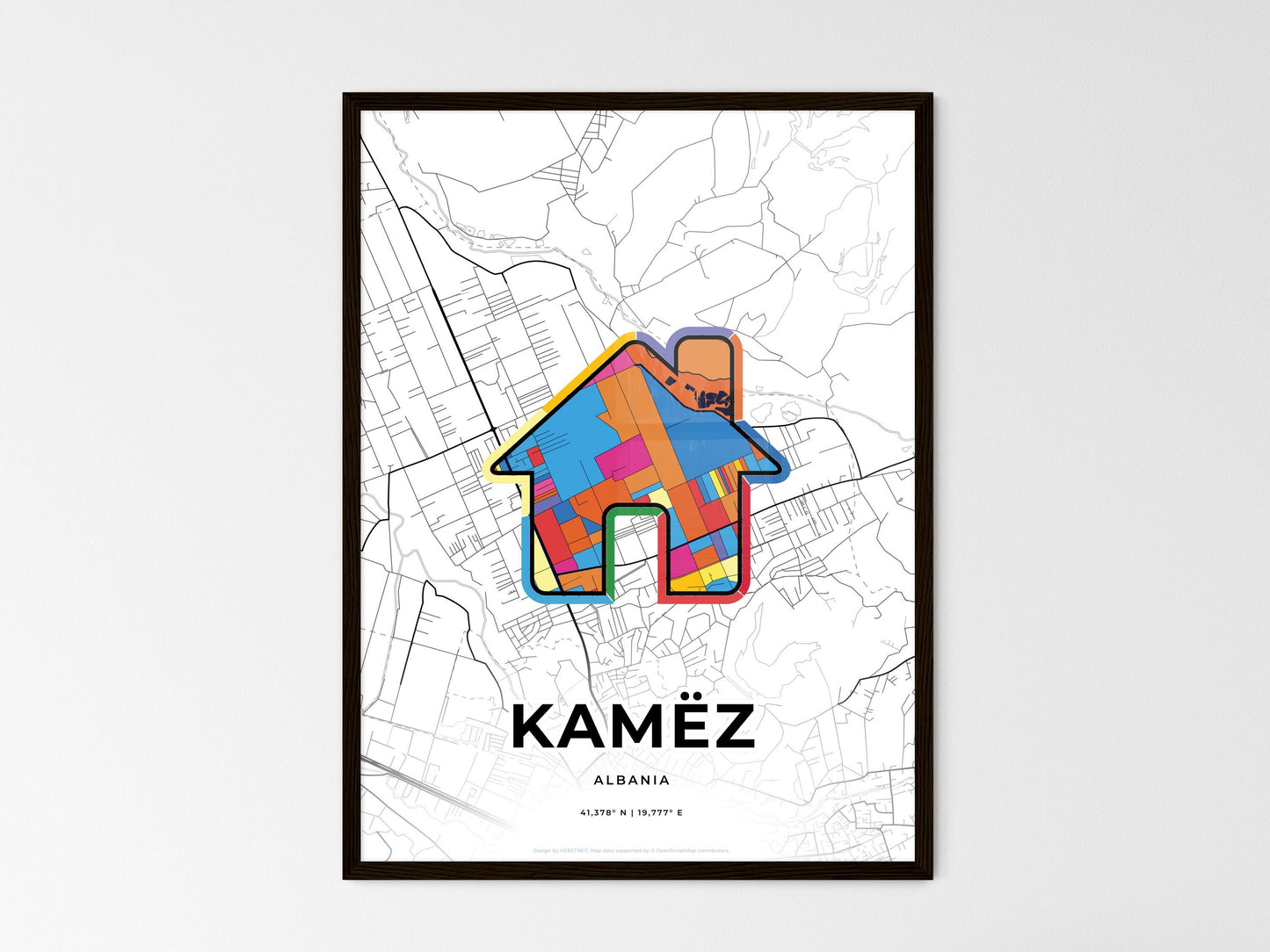 Kamëz Albania wedding art map with home icon