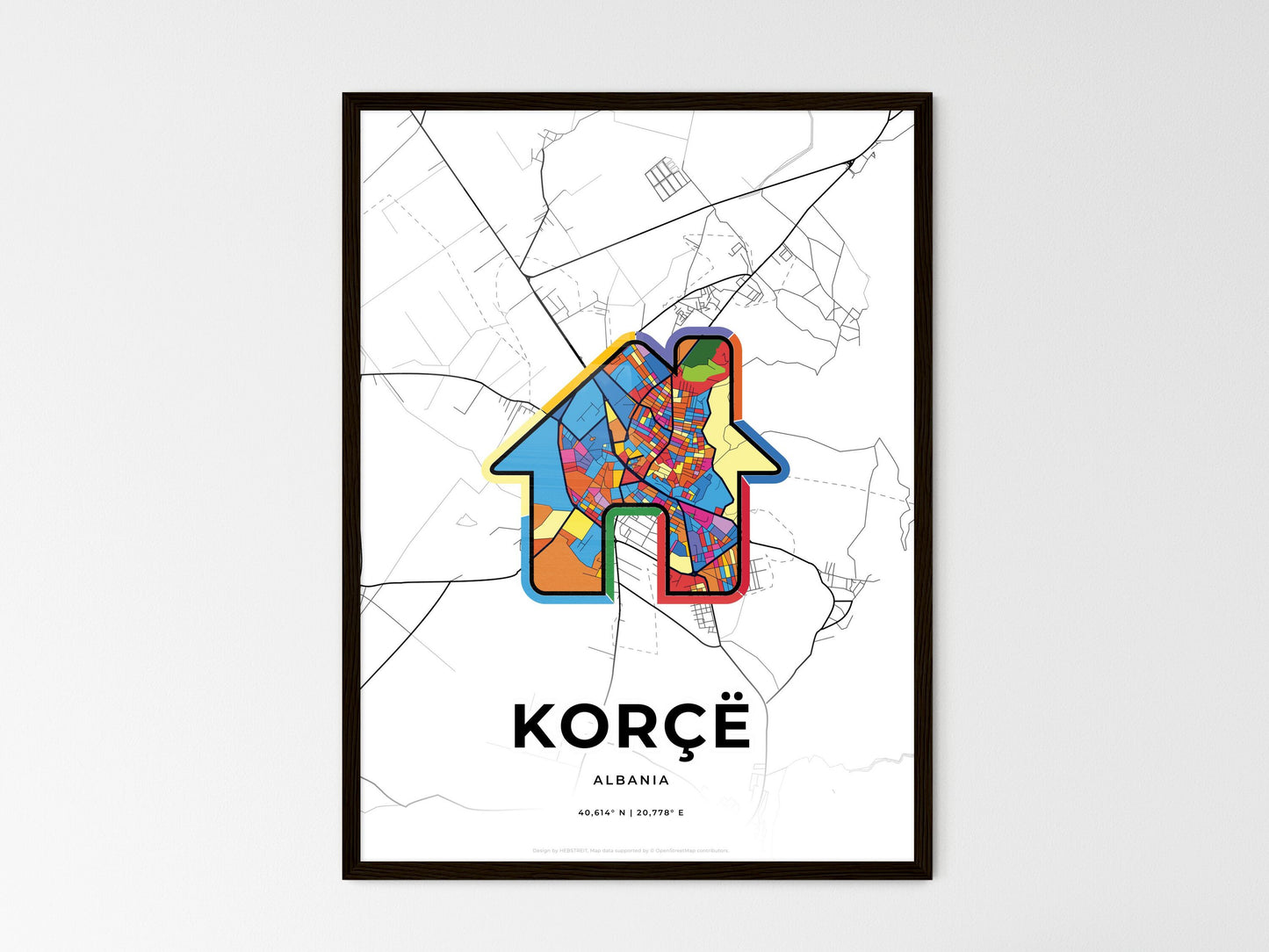 Korçë Albania wedding art map with home icon