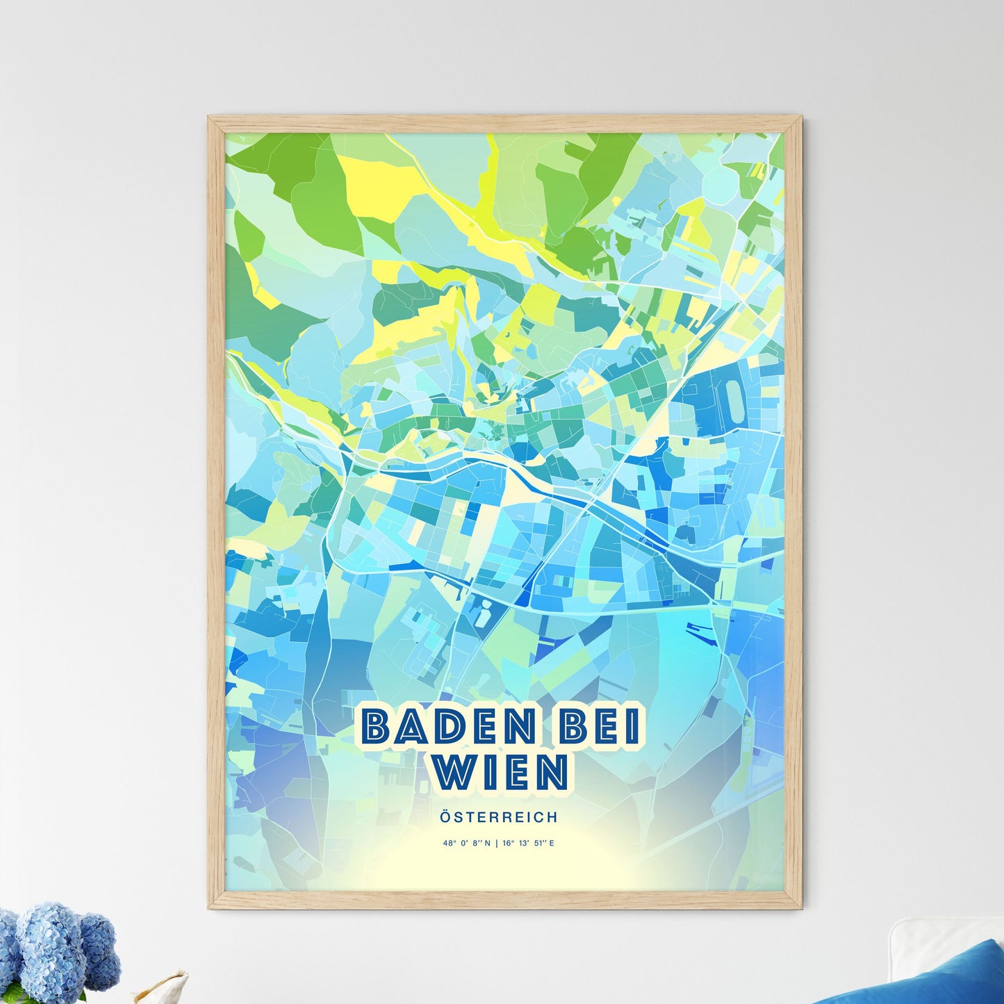 Colorful BADEN BEI WIEN AUSTRIA Fine Art Map Cool Blue