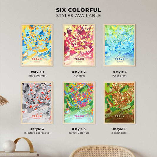 Colorful TRAUN AUSTRIA Fine Art Map Blue Orange