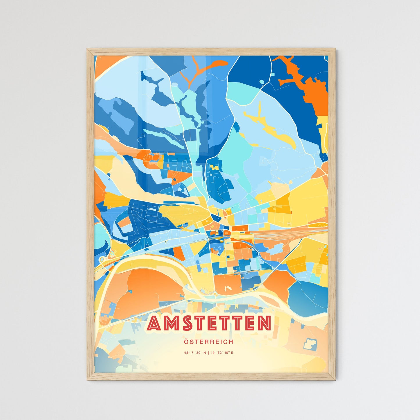Colorful AMSTETTEN AUSTRIA Fine Art Map Blue Orange