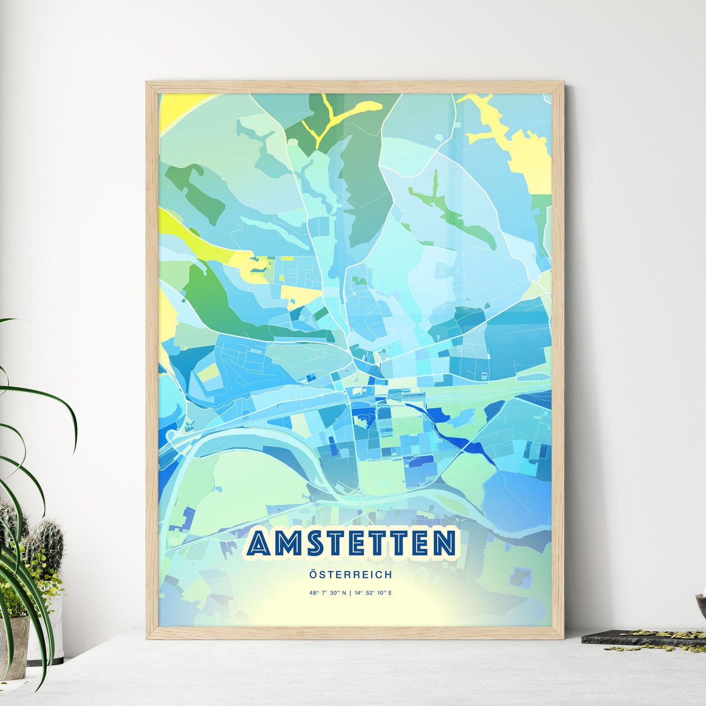 Colorful AMSTETTEN AUSTRIA Fine Art Map Cool Blue