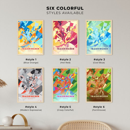 Colorful TRAISKIRCHEN AUSTRIA Fine Art Map Blue Orange