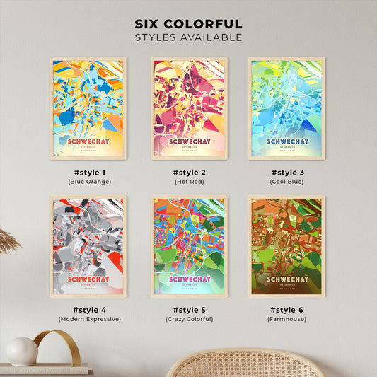 Colorful SCHWECHAT AUSTRIA Fine Art Map Blue Orange