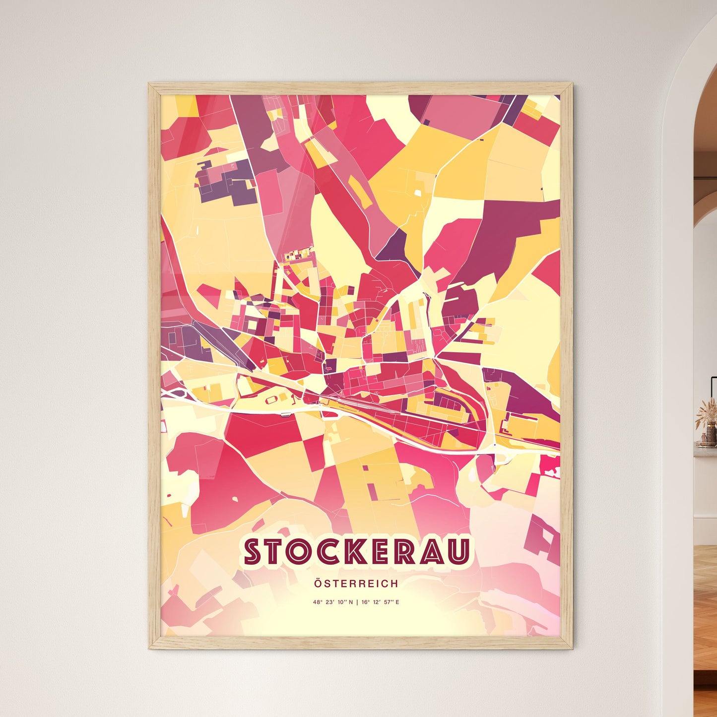 Colorful STOCKERAU AUSTRIA Fine Art Map Hot Red