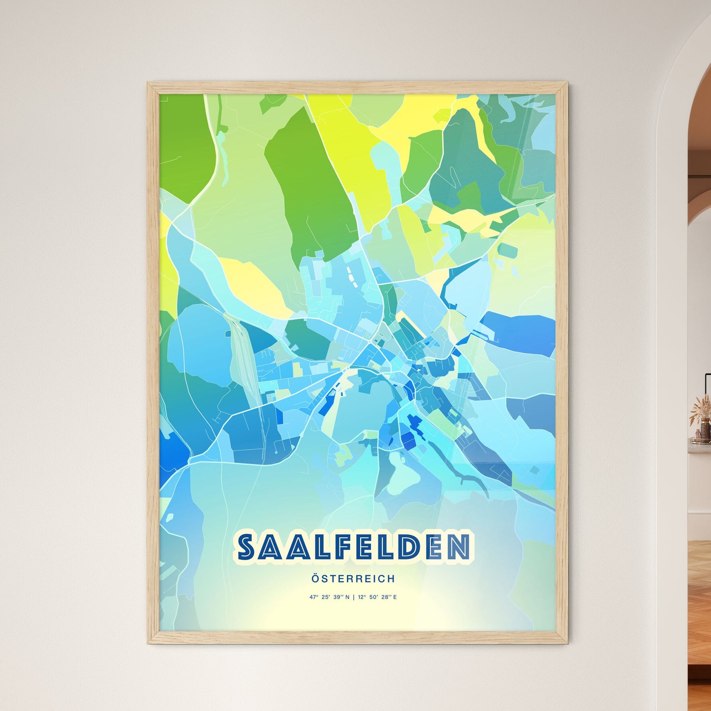 Colorful SAALFELDEN AUSTRIA Fine Art Map Cool Blue