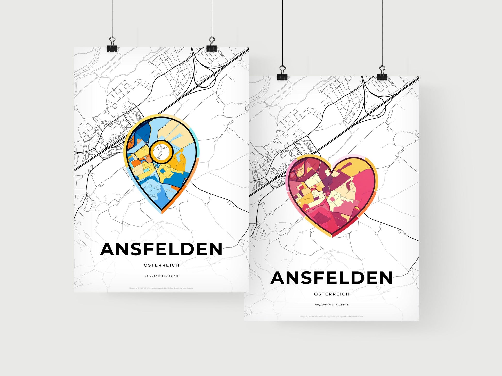 ANSFELDEN AUSTRIA minimal art map with a colorful icon. Where it all began, Couple map gift.