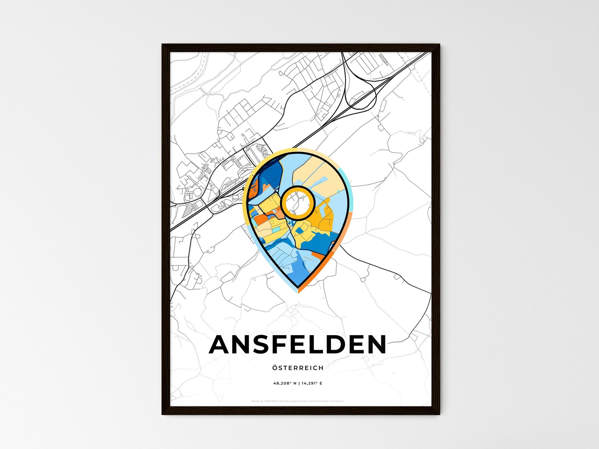 ANSFELDEN AUSTRIA minimal art map with a colorful icon. Where it all began, Couple map gift. Style 1