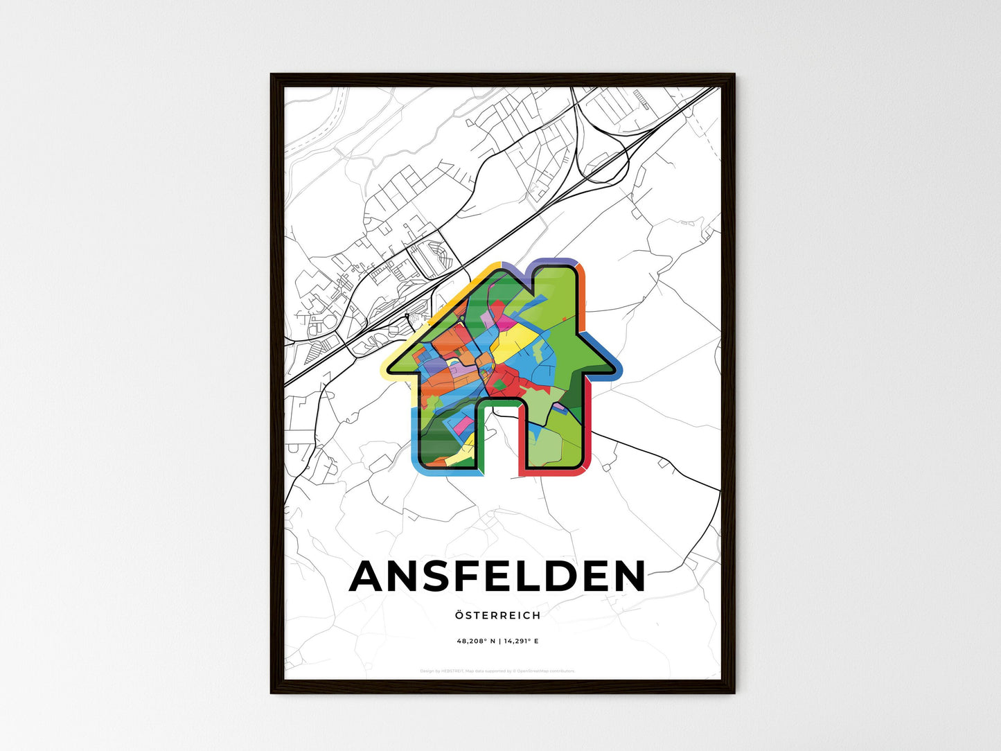 ANSFELDEN AUSTRIA minimal art map with a colorful icon. Where it all began, Couple map gift. Style 3