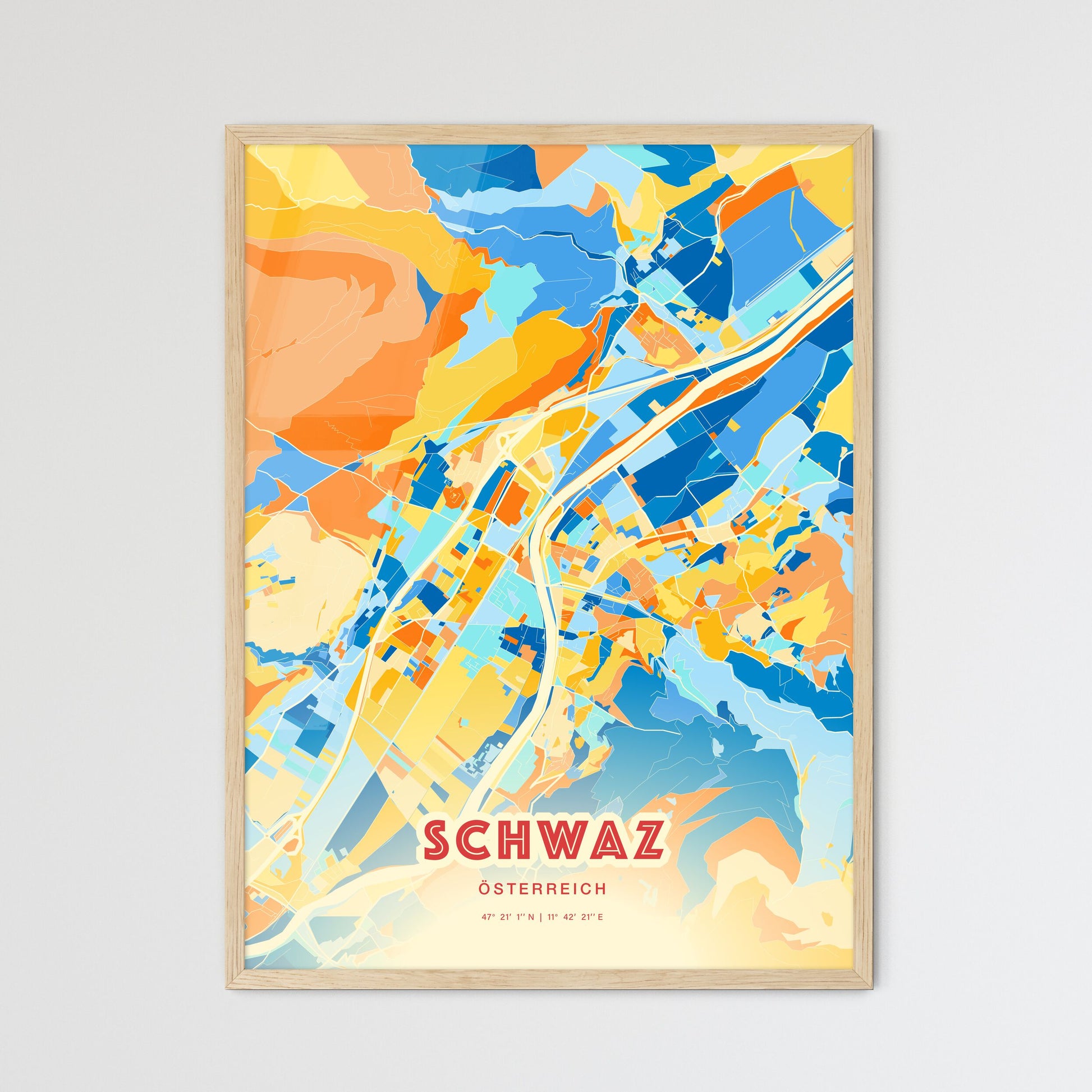 Colorful SCHWAZ AUSTRIA Fine Art Map Blue Orange