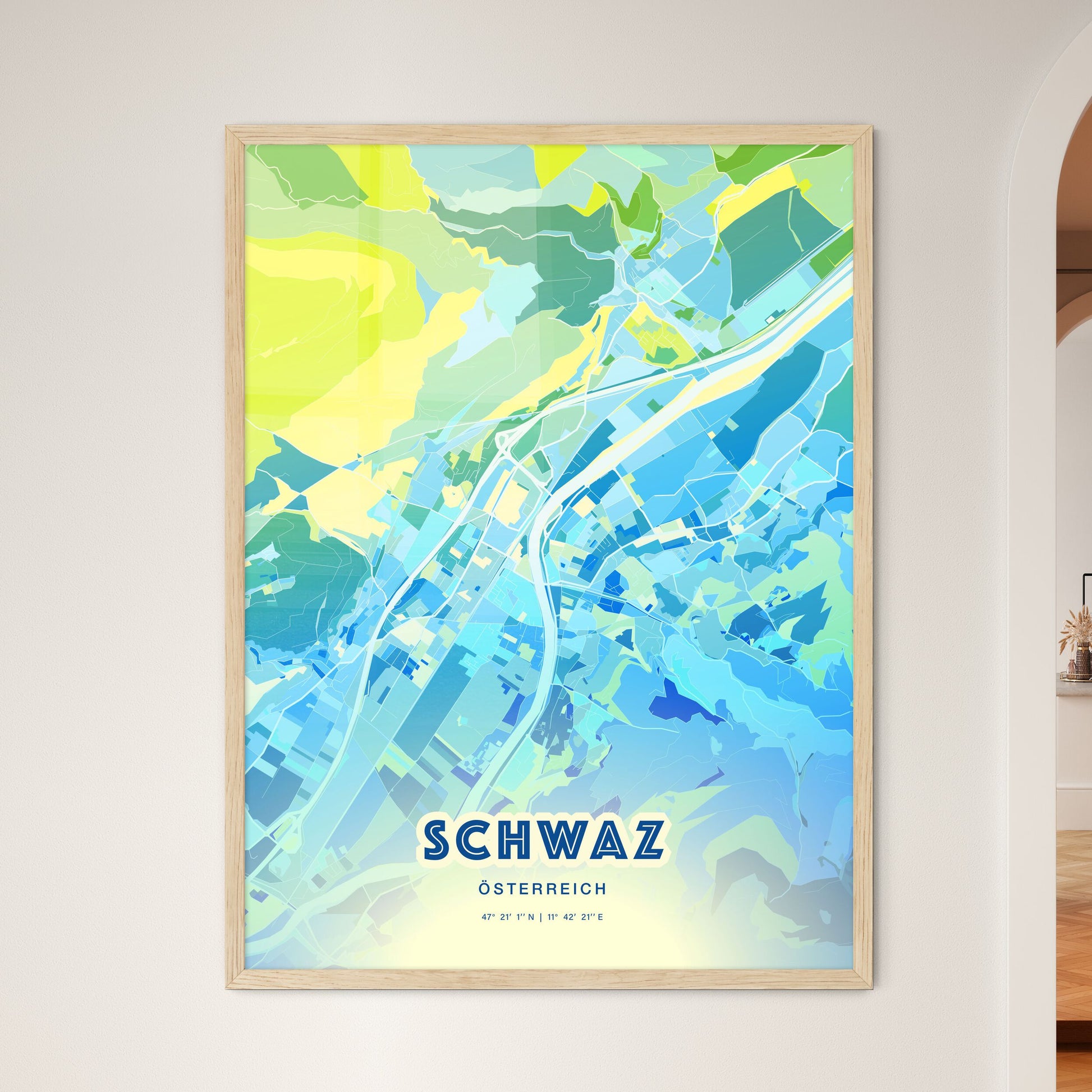 Colorful SCHWAZ AUSTRIA Fine Art Map Cool Blue