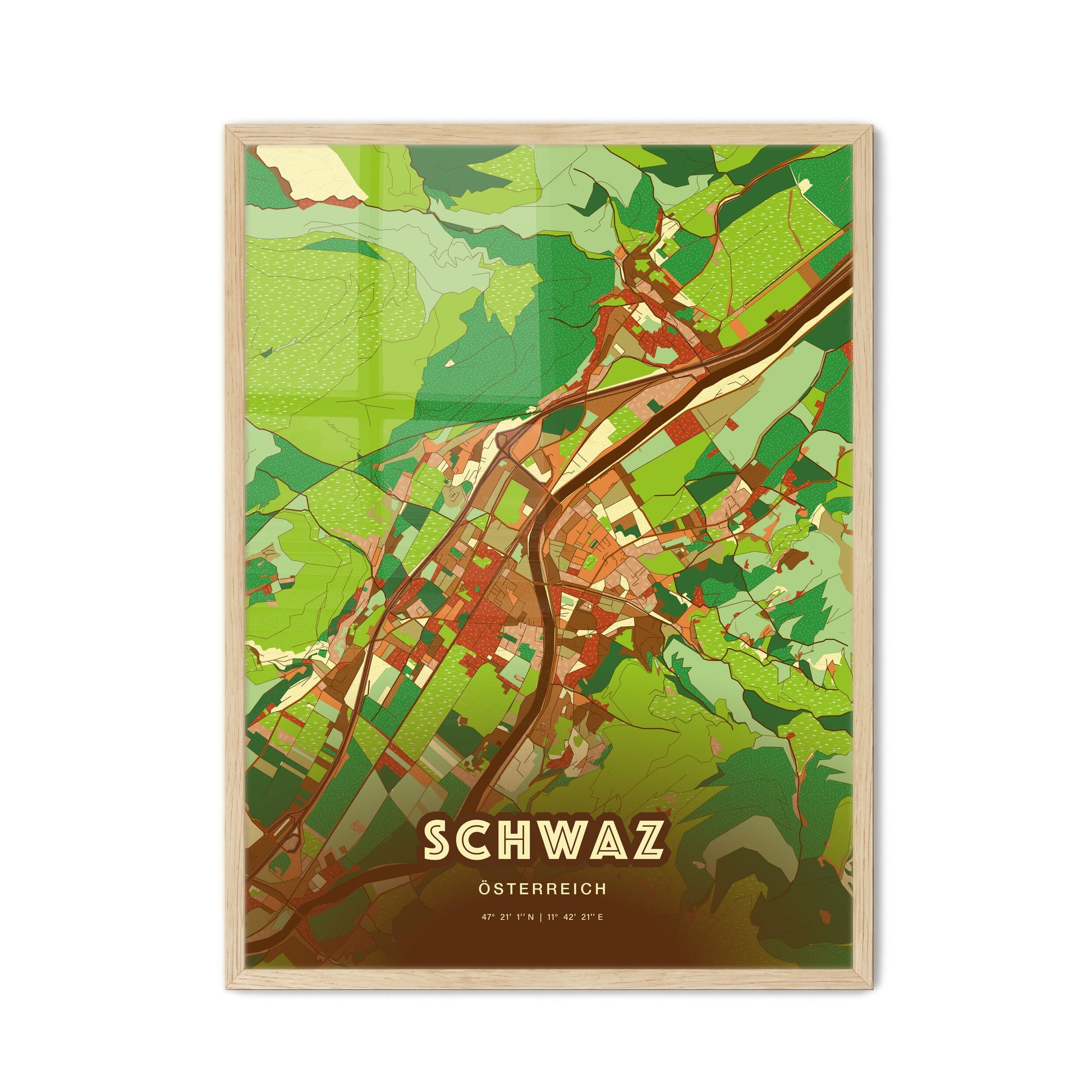 Colorful SCHWAZ AUSTRIA Fine Art Map Farmhouse
