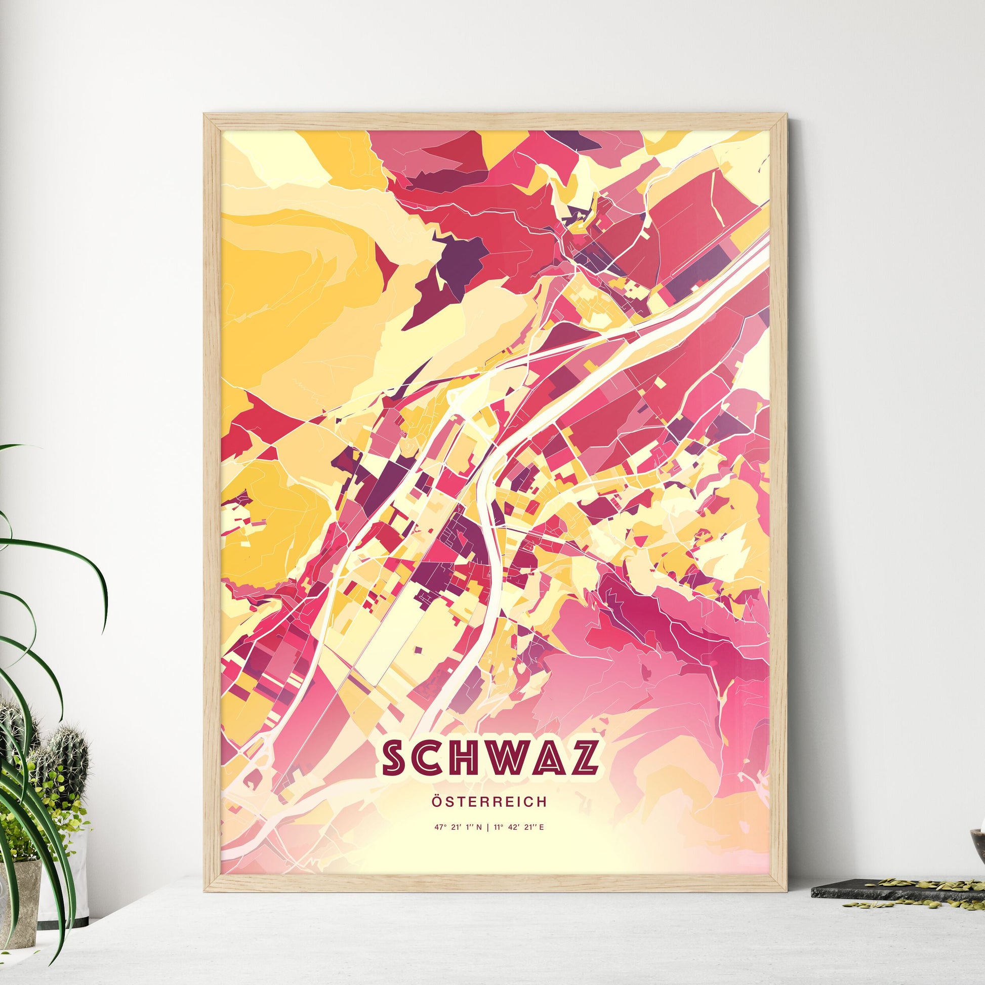 Colorful SCHWAZ AUSTRIA Fine Art Map Hot Red