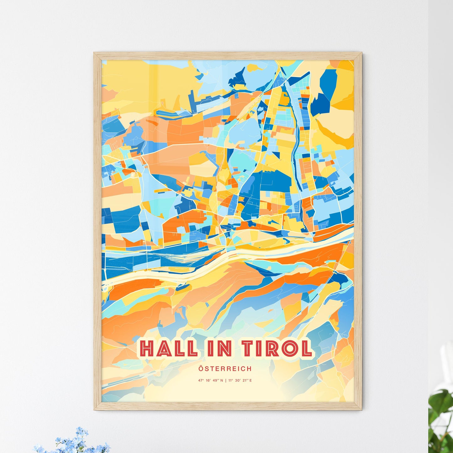 Colorful HALL IN TIROL AUSTRIA Fine Art Map Blue Orange