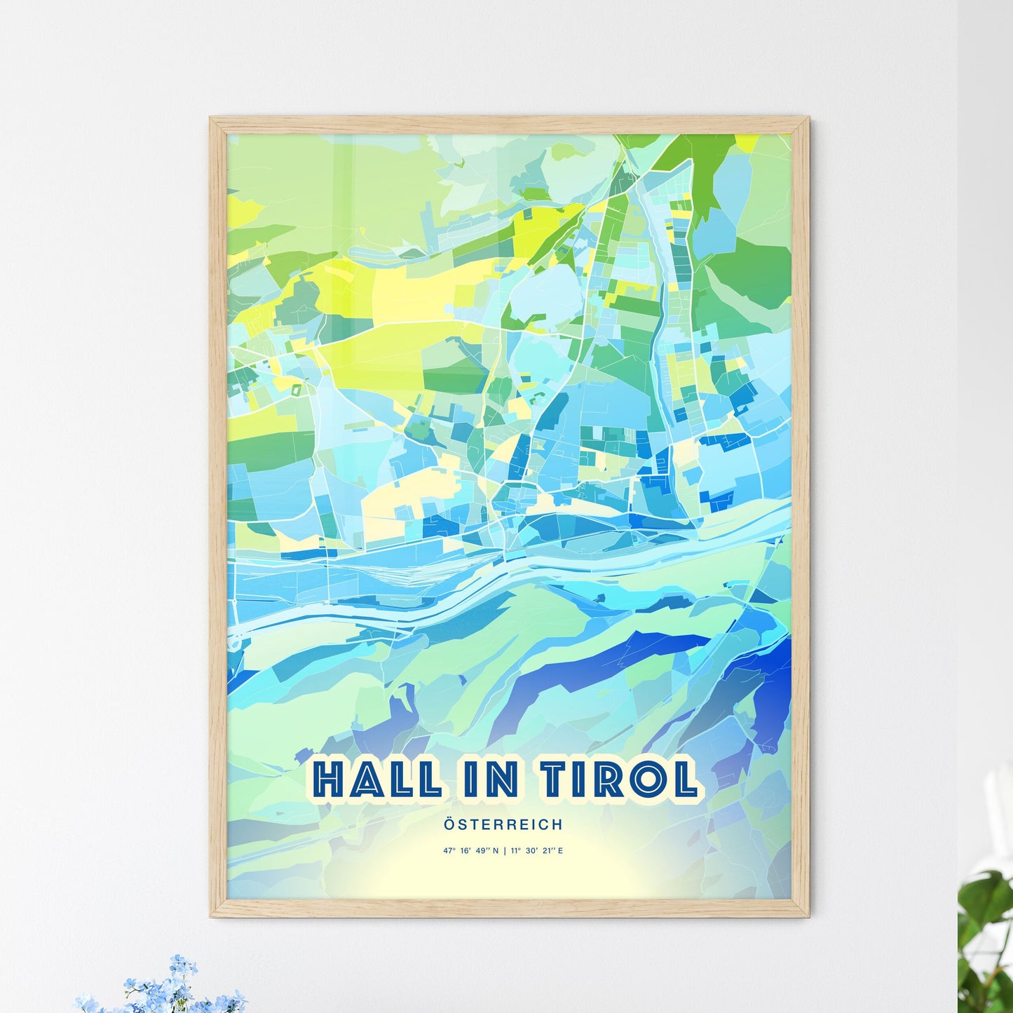 Colorful HALL IN TIROL AUSTRIA Fine Art Map Cool Blue