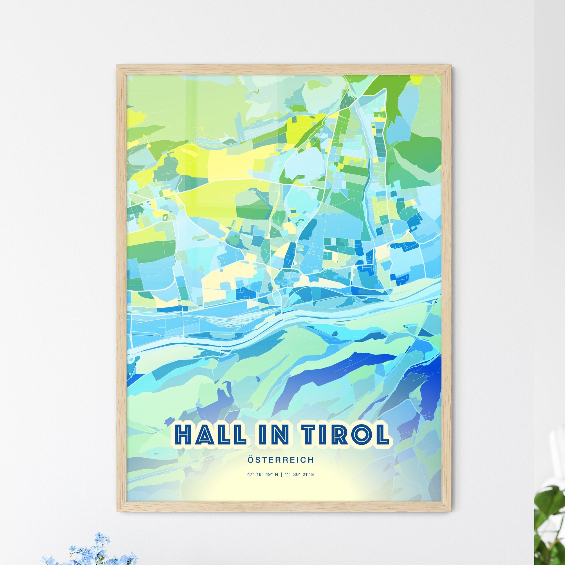 Colorful HALL IN TIROL AUSTRIA Fine Art Map Cool Blue