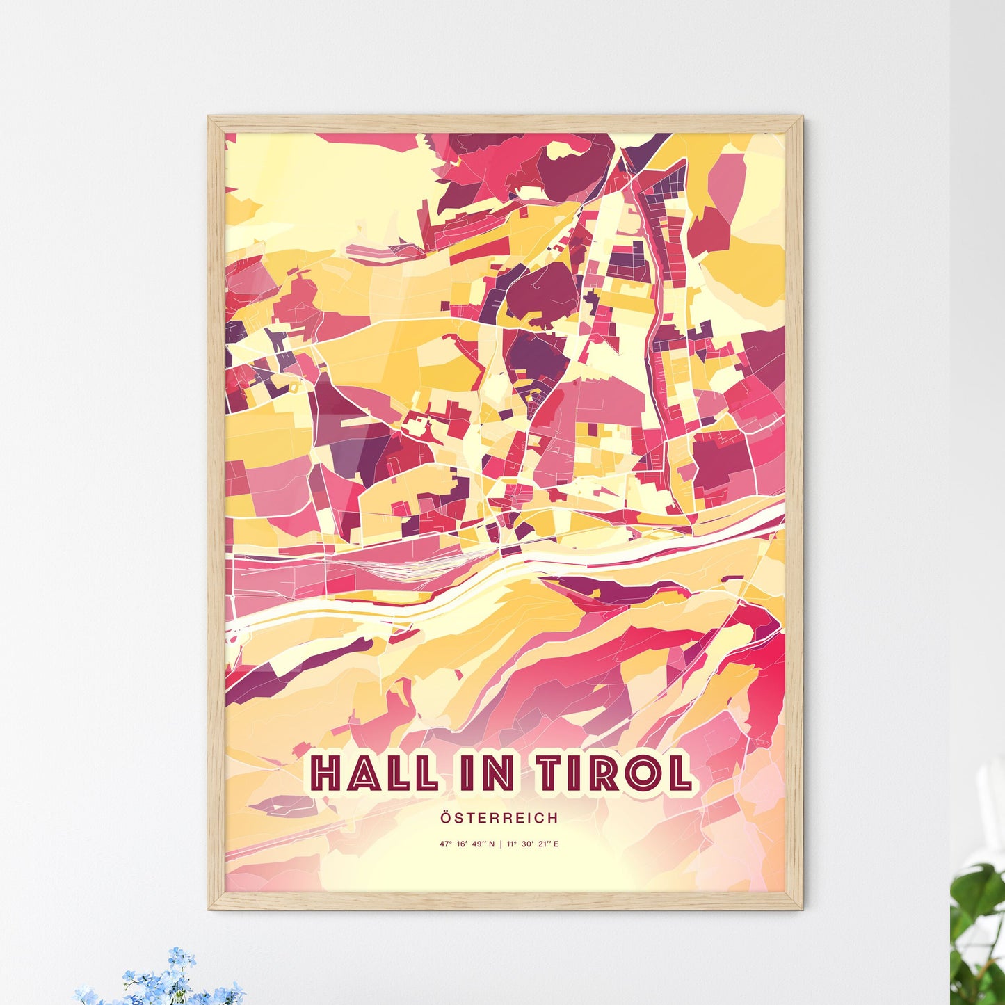 Colorful HALL IN TIROL AUSTRIA Fine Art Map Hot Red