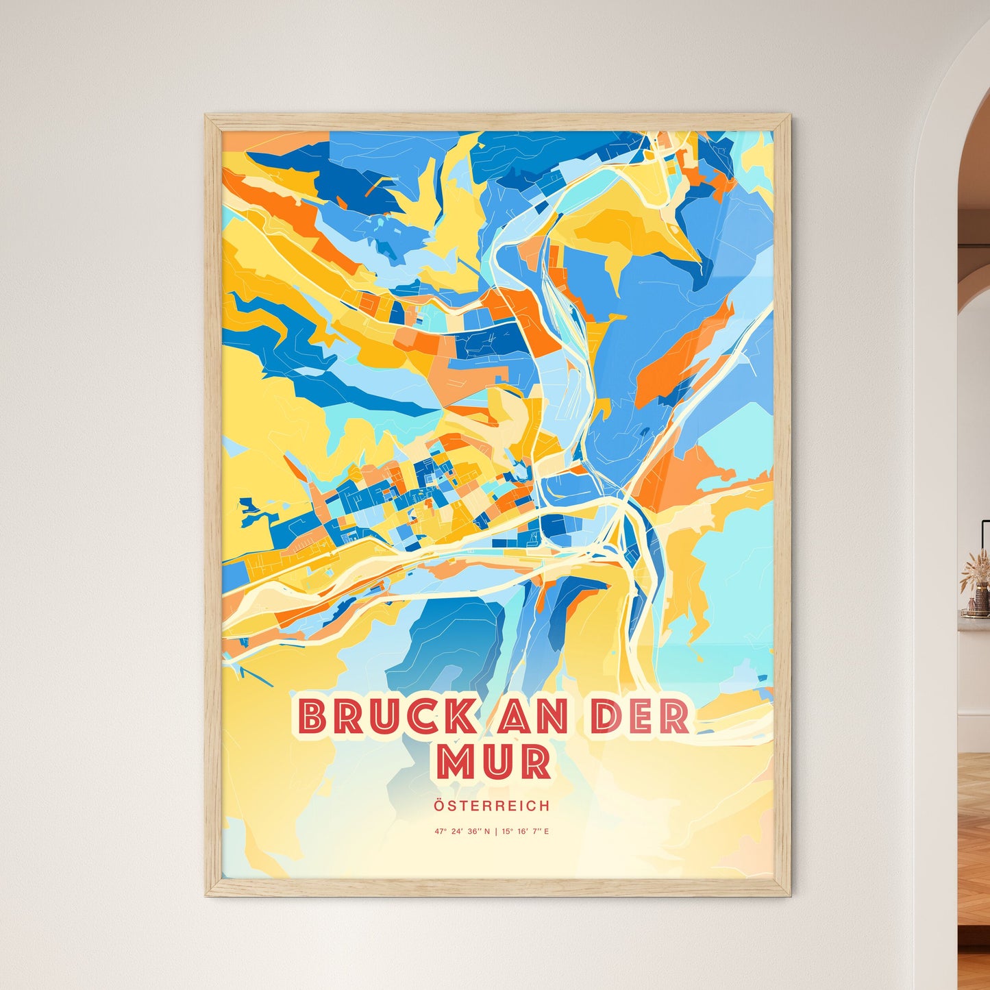 Colorful BRUCK AN DER MUR AUSTRIA Fine Art Map Blue Orange
