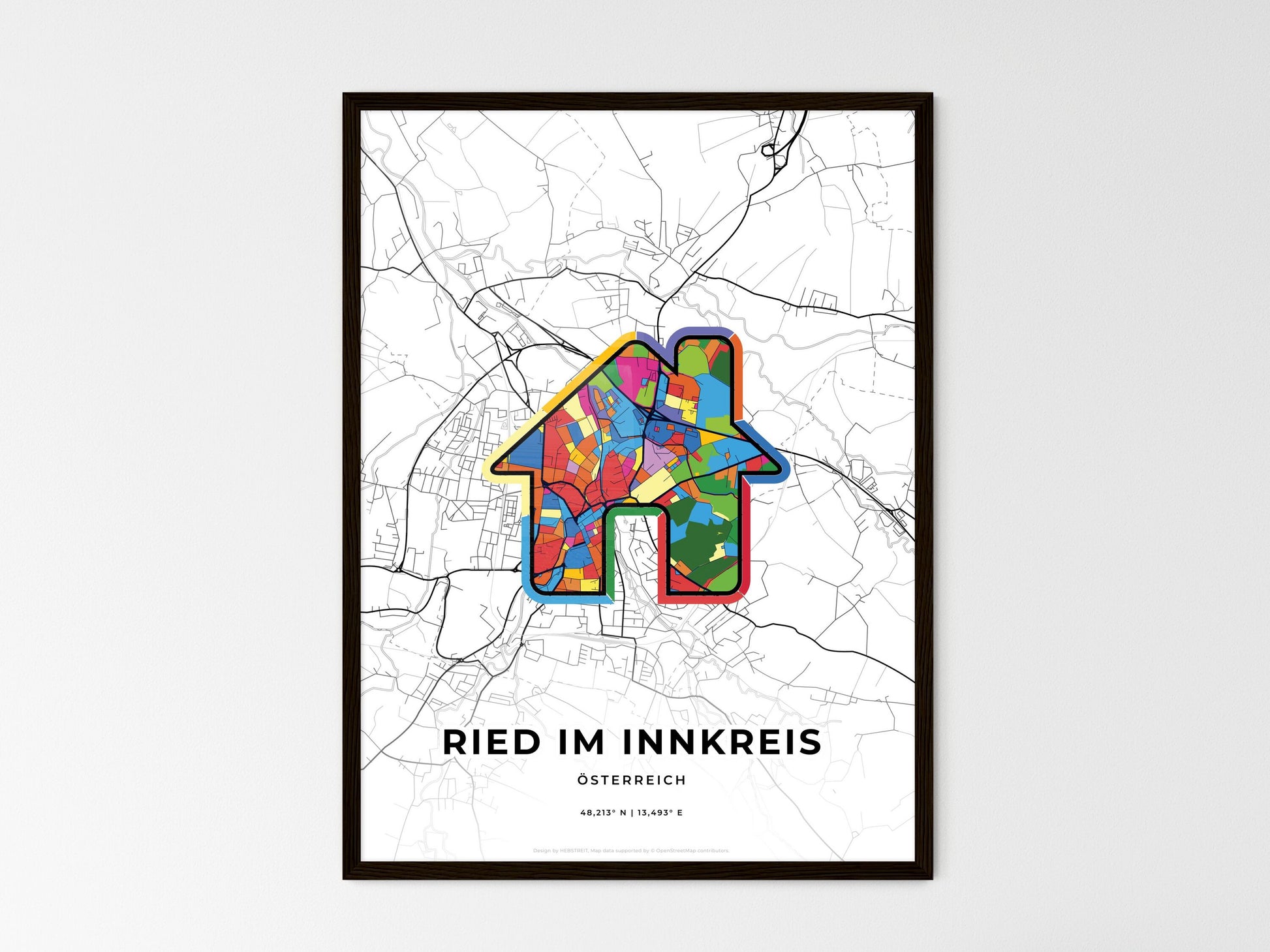 RIED IM INNKREIS AUSTRIA minimal art map with a colorful icon. Where it all began, Couple map gift. Style 3