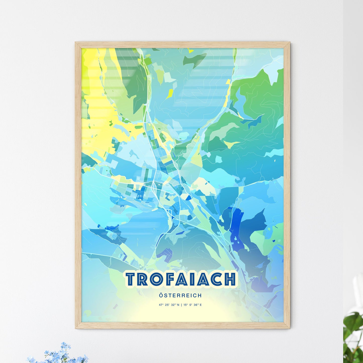 Colorful TROFAIACH AUSTRIA Fine Art Map Cool Blue