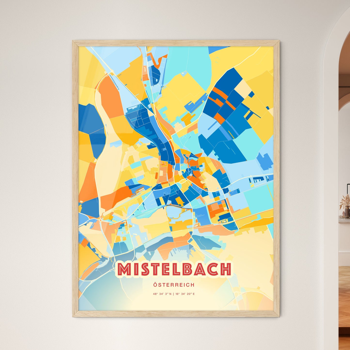 Colorful MISTELBACH AUSTRIA Fine Art Map Blue Orange