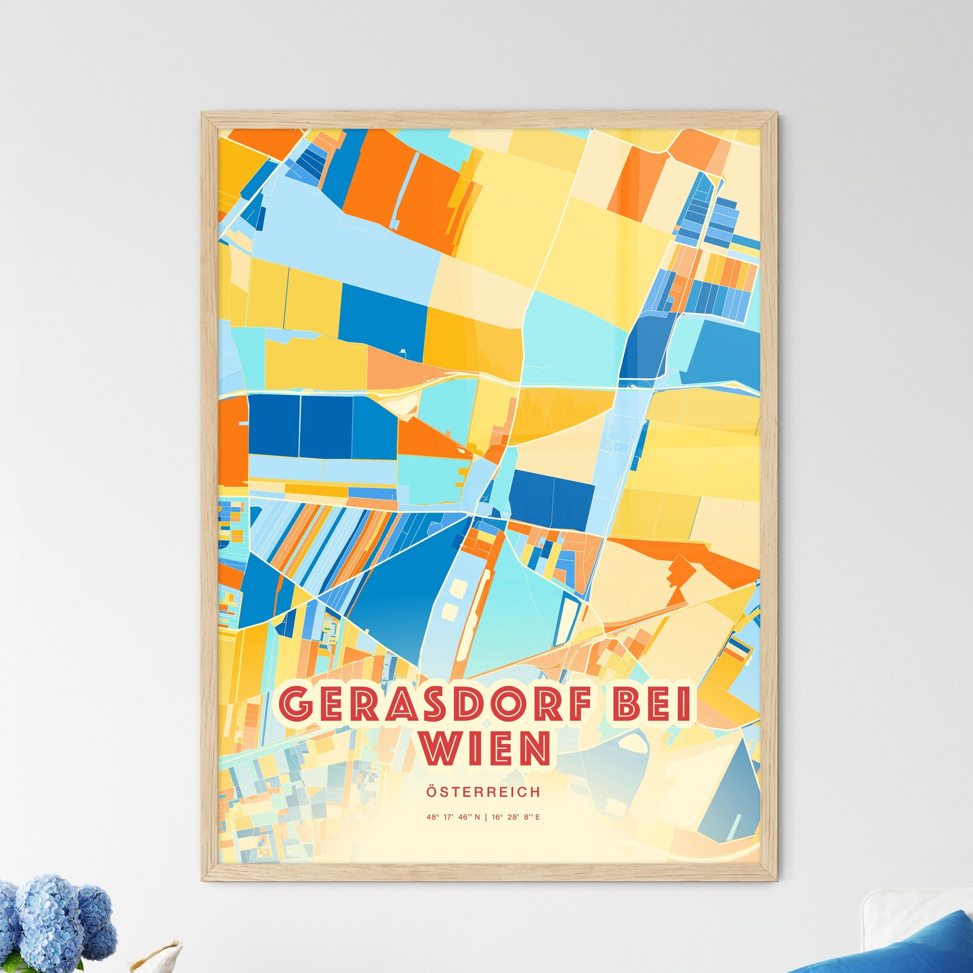 Colorful GERASDORF BEI WIEN AUSTRIA Fine Art Map Blue Orange
