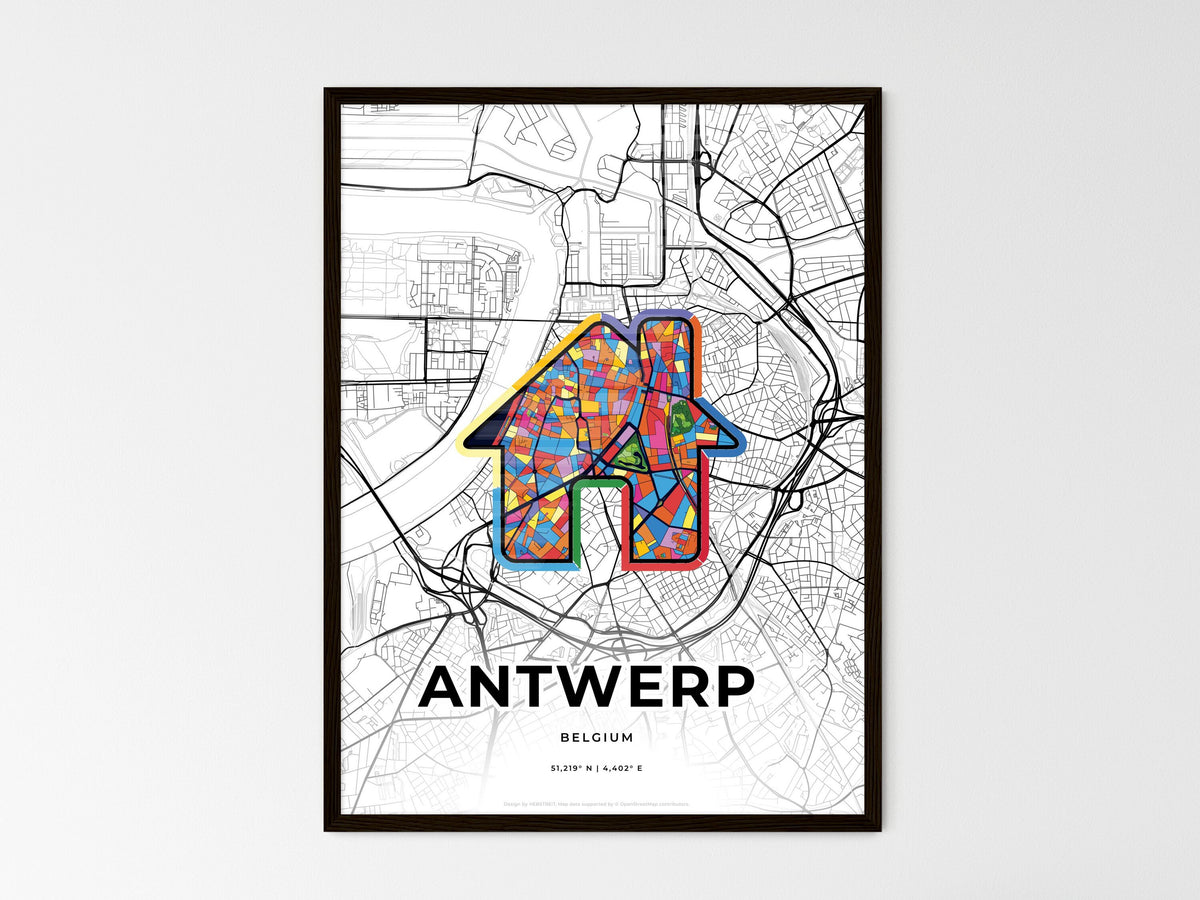 Antwerp Belgium wedding art map with home icon