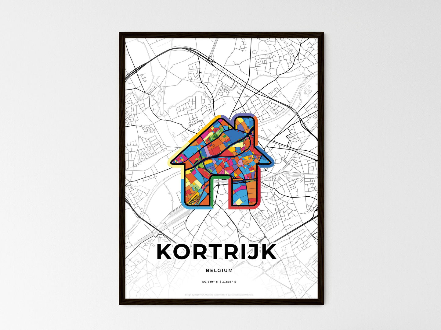 Kortrijk Belgium wedding art map with home icon