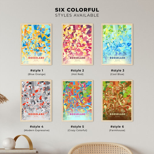 Colorful ROESELARE BELGIUM Fine Art Map Blue Orange