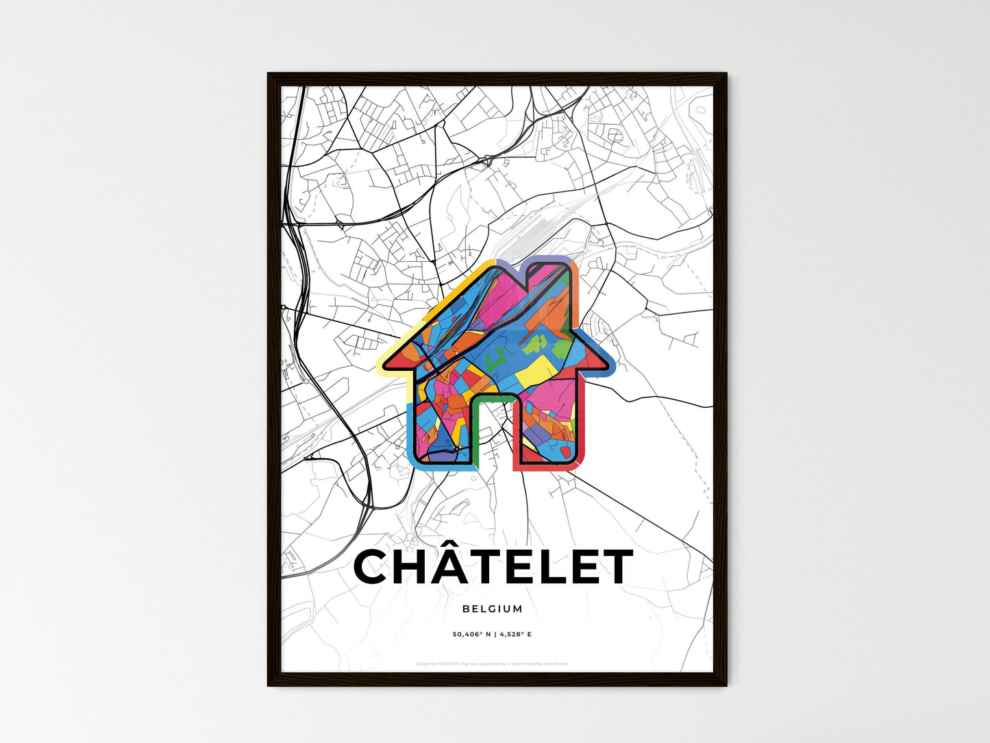 Châtelet Belgium wedding art map with home icon