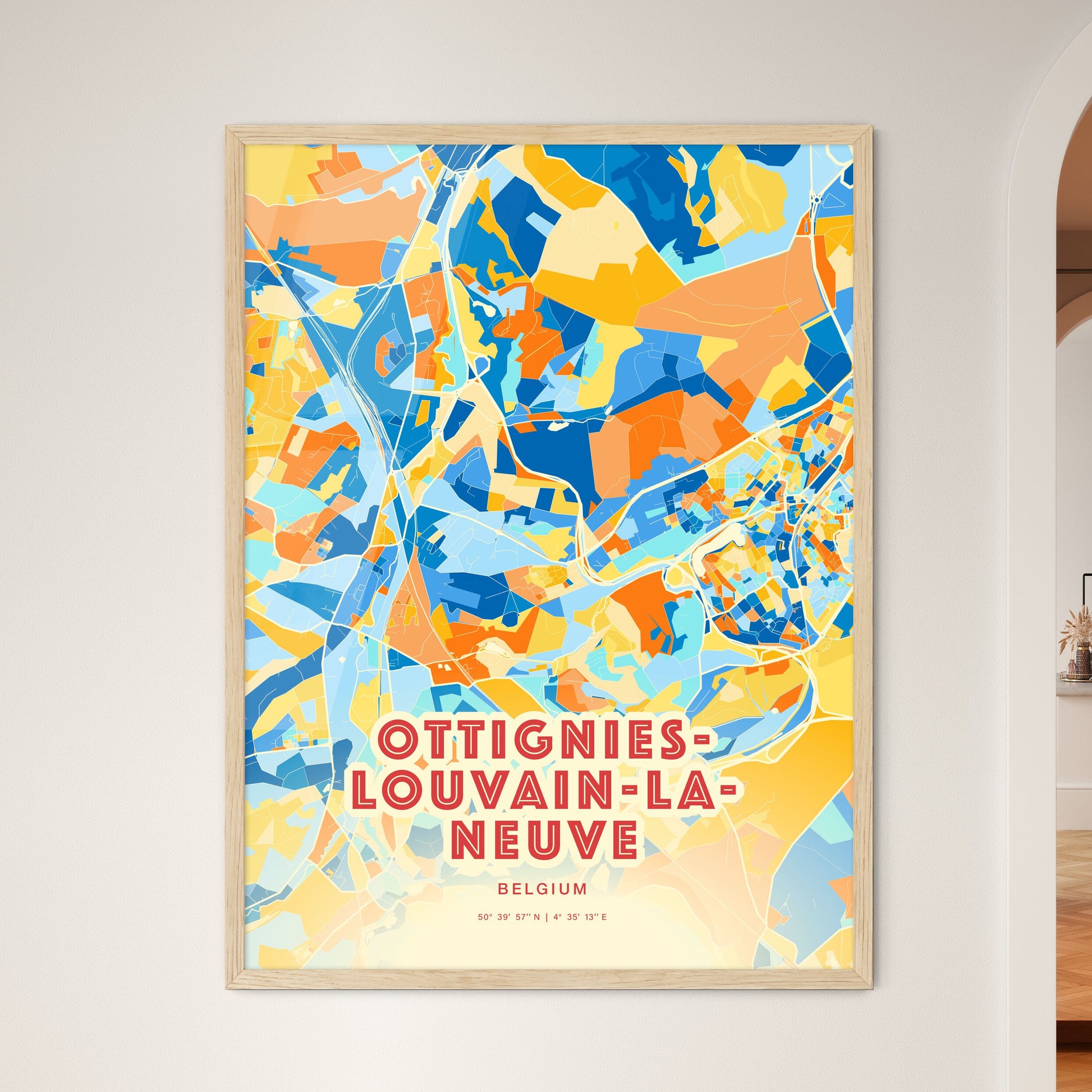 Colorful OTTIGNIES-LOUVAIN-LA-NEUVE BELGIUM Fine Art Map Blue Orange