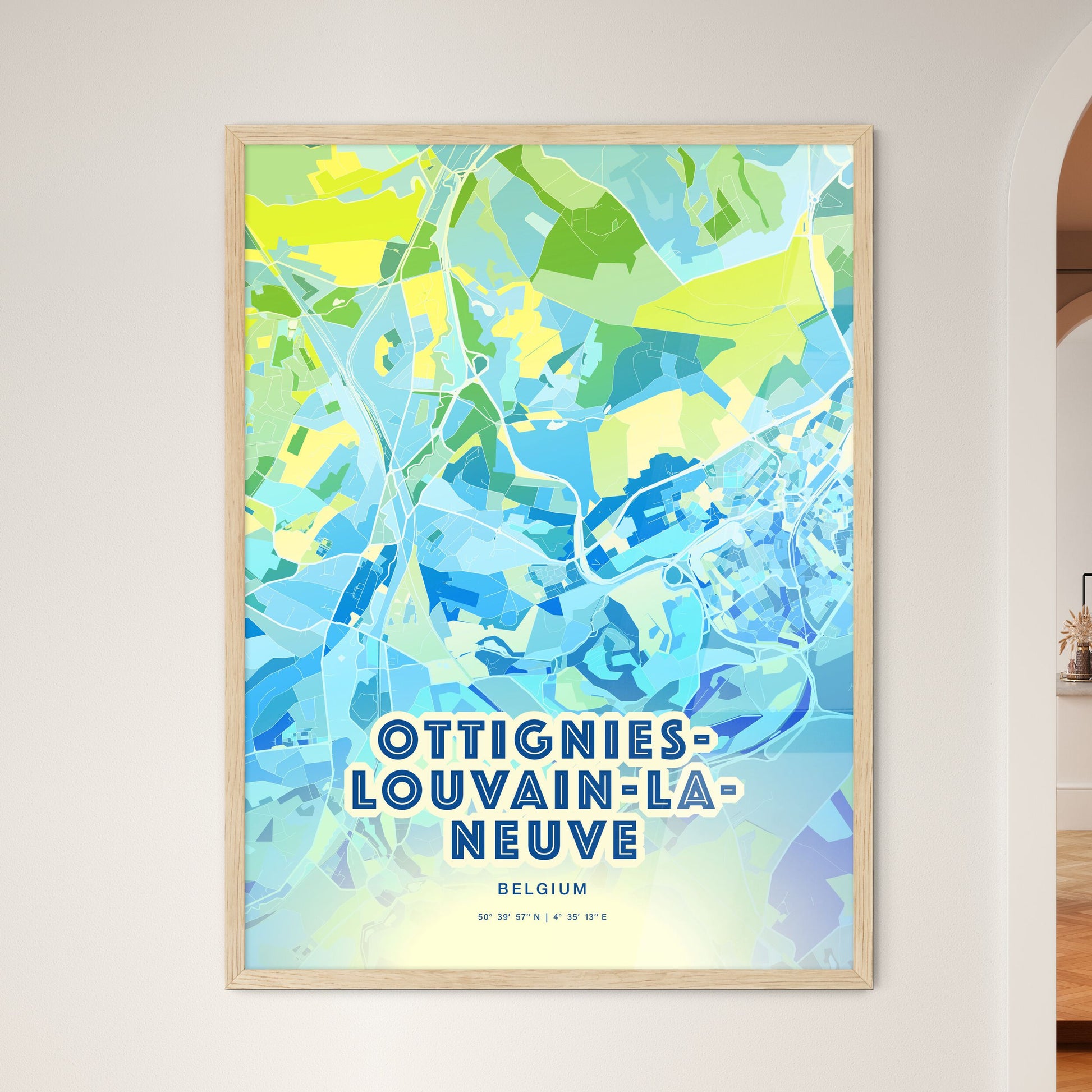Colorful OTTIGNIES-LOUVAIN-LA-NEUVE BELGIUM Fine Art Map Cool Blue