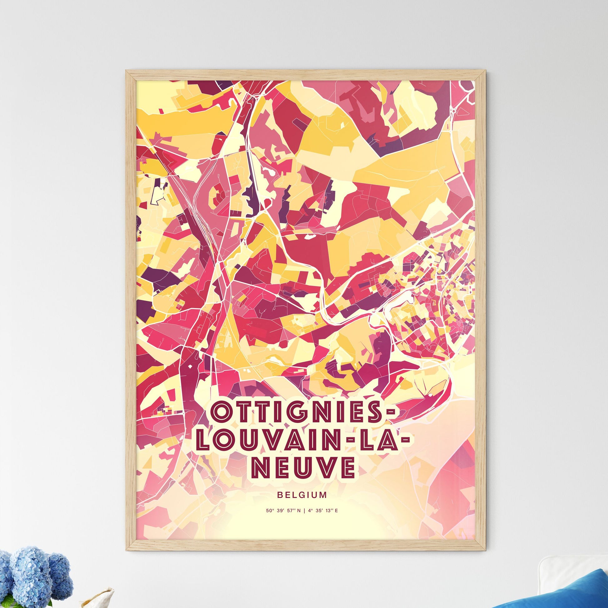 Colorful OTTIGNIES-LOUVAIN-LA-NEUVE BELGIUM Fine Art Map Hot Red